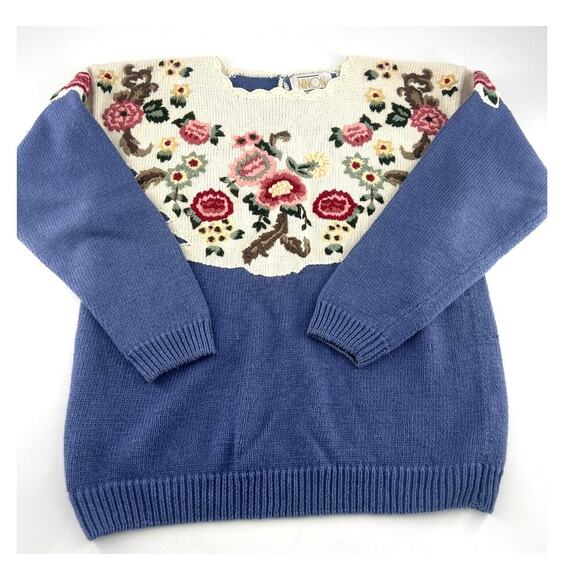 Vintage Ninon de Lenclos Sweater Women Small Light Blue Embroidery Floral Granny - Picture 2 of 9